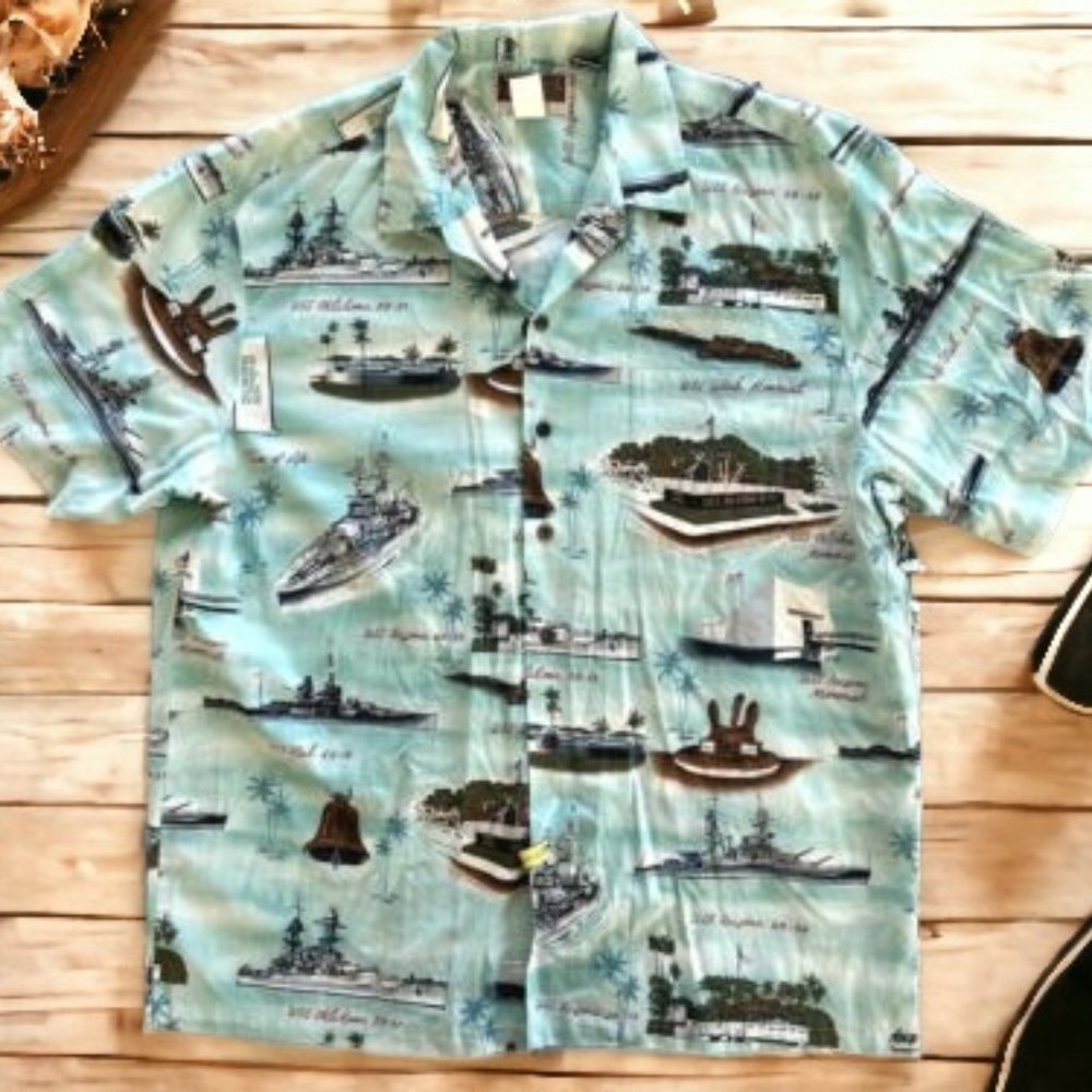 Mens KALAHEO WW2 Pearl Harbor USS Oklahoma Utah Arizona Hawaiian Shirt XL VTG